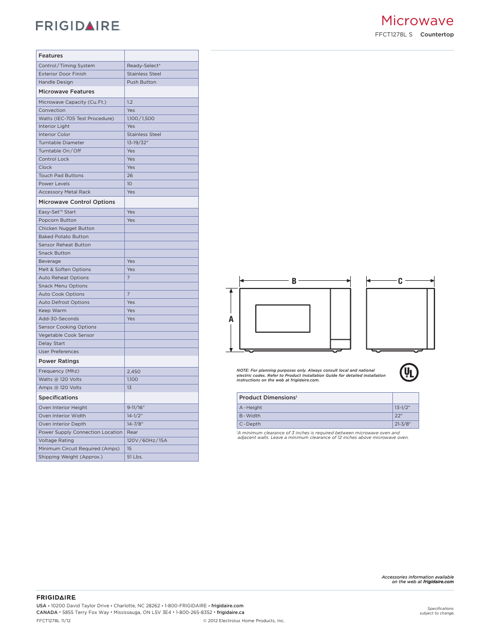 Countertop microwave frigidaire baseline, Microwave, Cb a | FRIGIDAIRE FFCT1278LS User Manual | Page 2 / 2