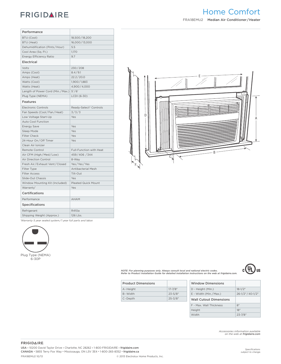 Rac median models frigidaire baseline, Home comfort | FRIGIDAIRE FRA18EMU2 User Manual | Page 2 / 2