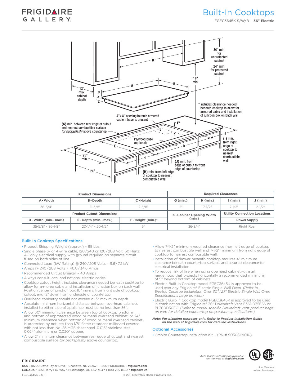 Drop-in induction / electric cooktops, Professional / gallery / baseline, Built-in cooktops | Callouts must be charted per individual model) | FRIGIDAIRE FGEC3645KW User Manual | Page 3 / 5