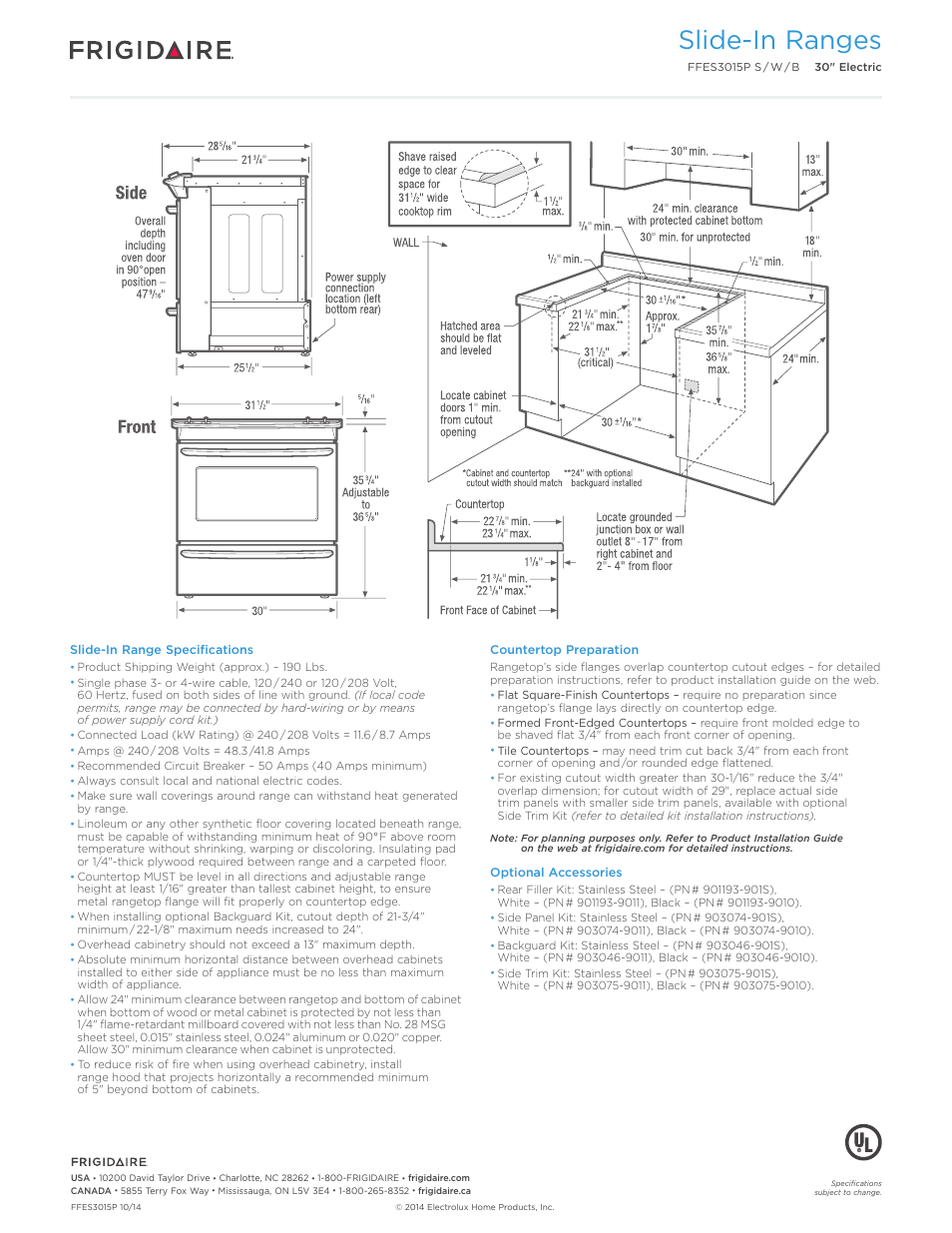 30" electric slide-in range baseline, Slide-in ranges | FRIGIDAIRE FFES3015PB User Manual | Page 3 / 7