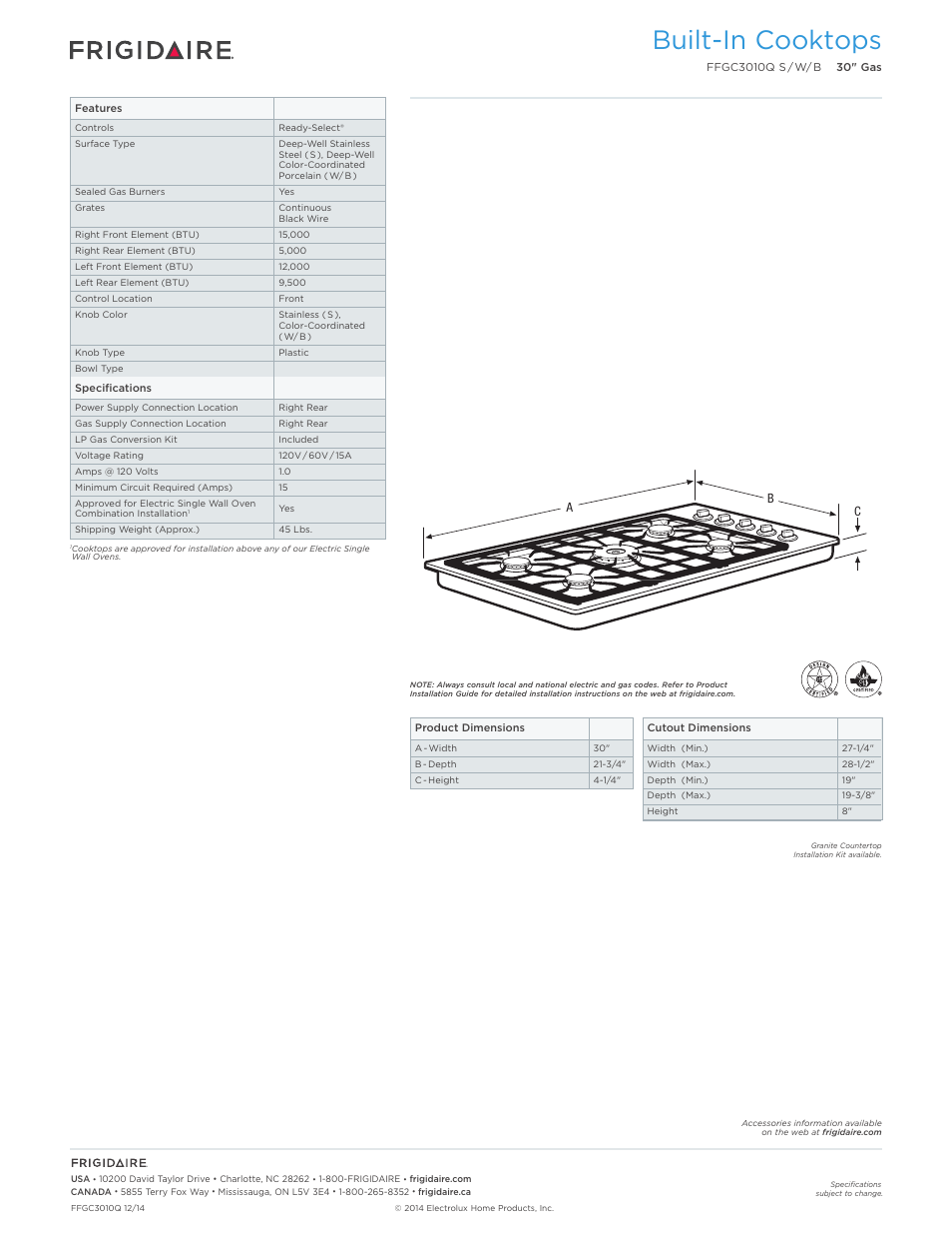 Drop-in gas cooktops frigidaire baseline, Built-in cooktops | FRIGIDAIRE FFGC3010QS User Manual | Page 2 / 5