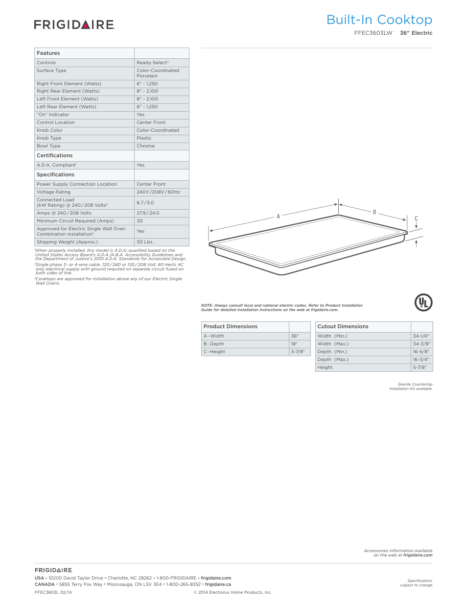 Drop-in electric cooktops frigidaire baseline, Built-in cooktop | FRIGIDAIRE FFEC3603LW User Manual | Page 2 / 5