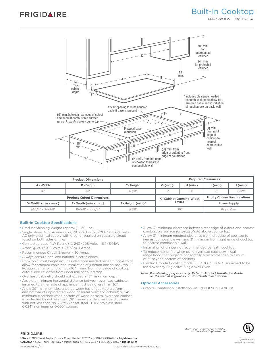 Drop-in induction / electric cooktops, Professional / gallery / baseline, Built-in cooktop | Callouts must be charted per individual model) | FRIGIDAIRE FFEC3603LW User Manual | Page 3 / 5