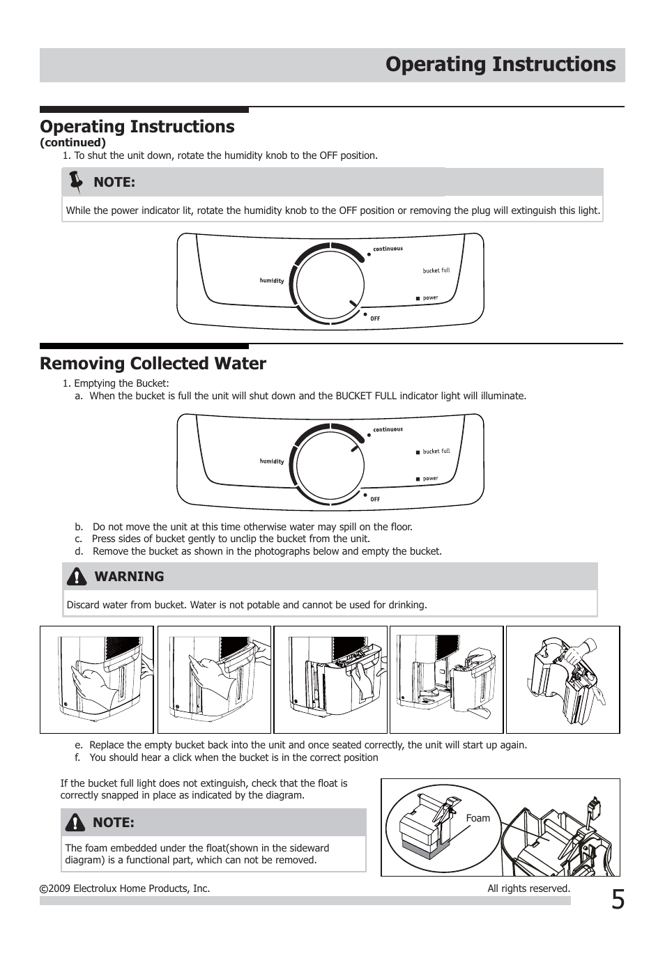 Operating instructions, Removing collected water | FRIGIDAIRE FAD301NWD User Manual | Page 5 / 8
