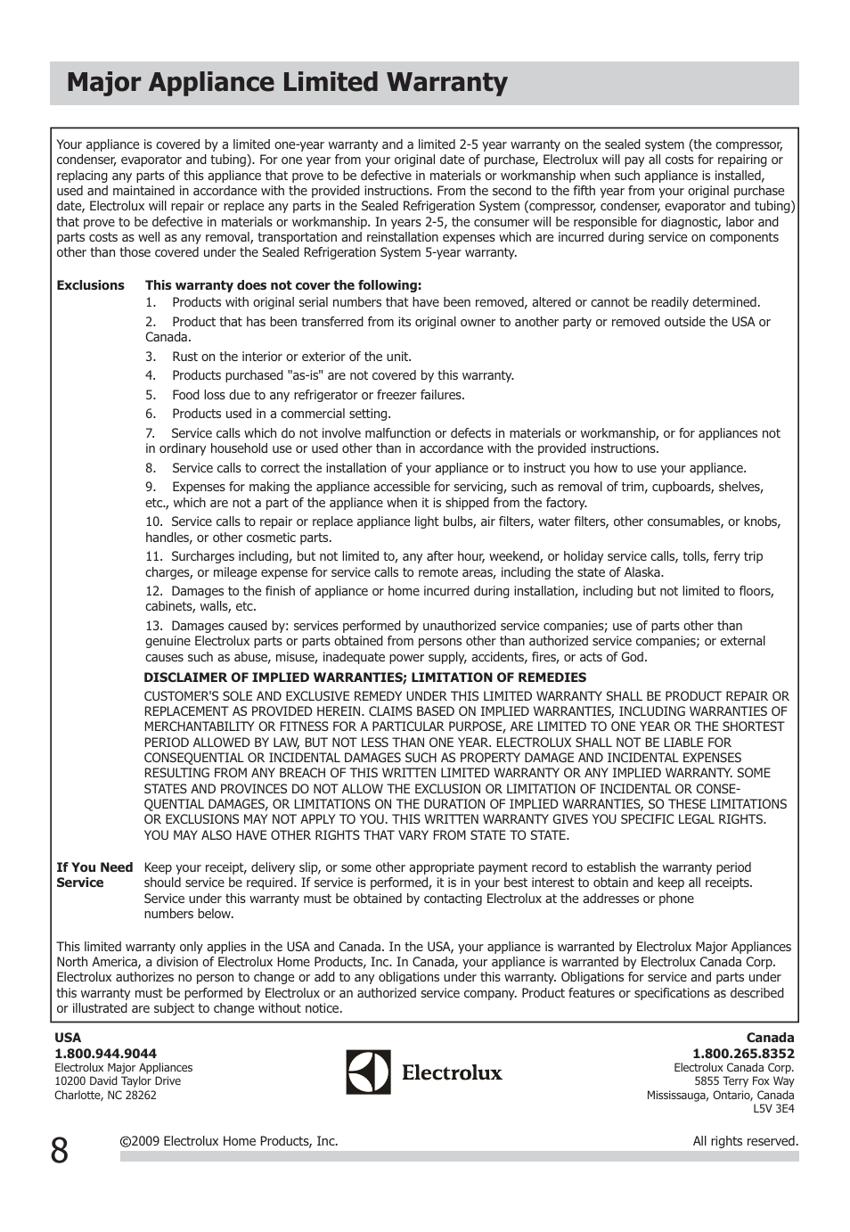 Major appliance limited warranty | FRIGIDAIRE FAD301NWD User Manual | Page 8 / 8