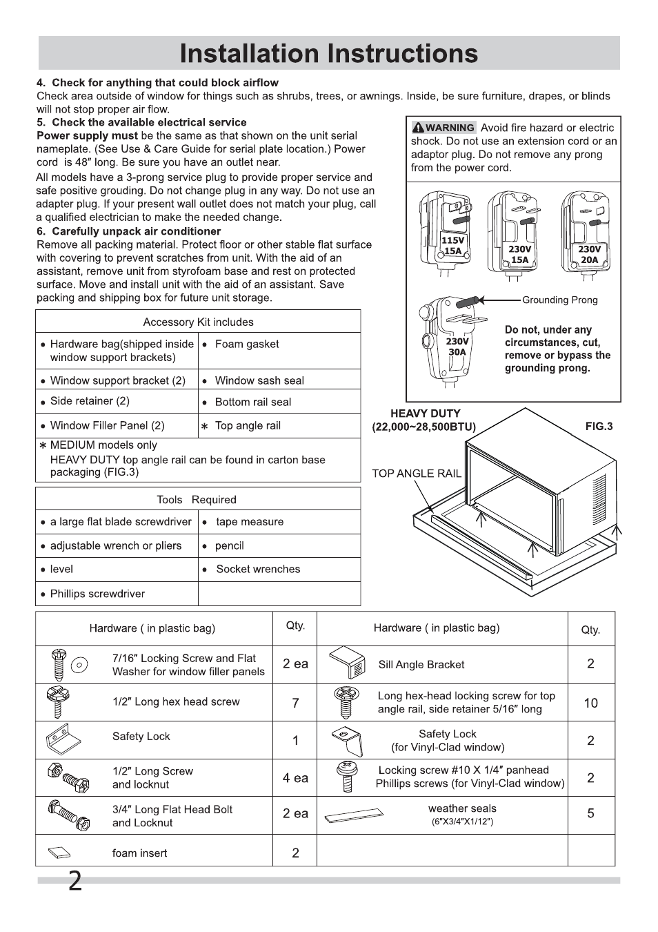 Installation instructions | FRIGIDAIRE FRA186MT2 User Manual | Page 2 / 8