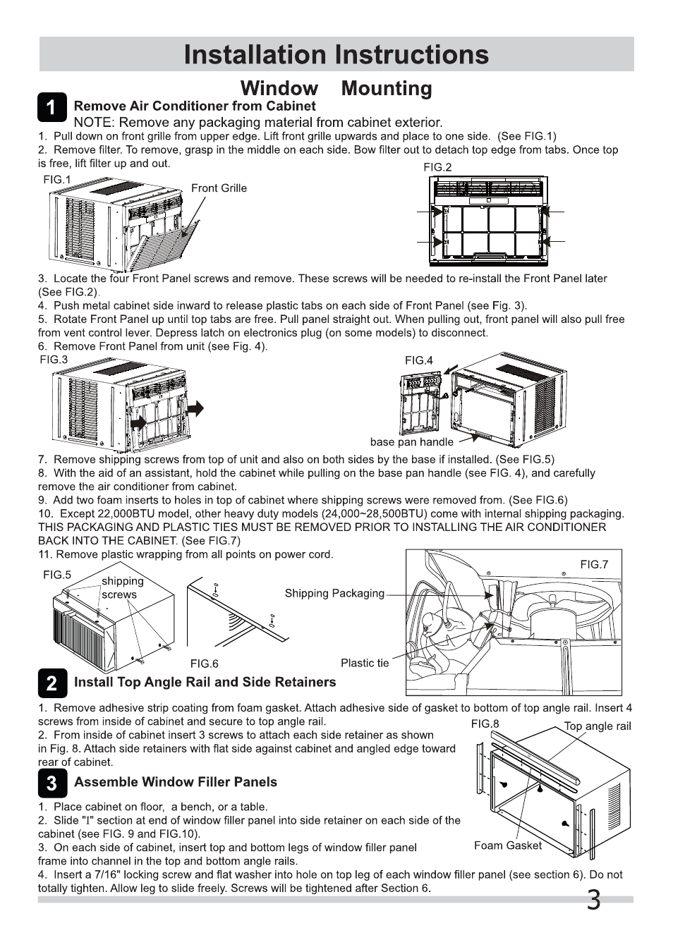 Installation instructions, Remove air conditioner from cabinet, Assemble window filler panels | Window mounting | FRIGIDAIRE FRA186MT2 User Manual | Page 3 / 8