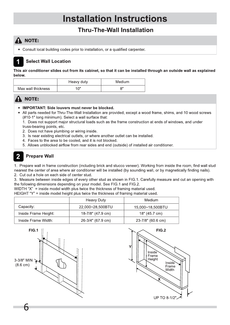 Installation instructions, Note, Select wall location | Prepare wall, Thru-the-wall installation | FRIGIDAIRE FRA186MT2 User Manual | Page 6 / 8