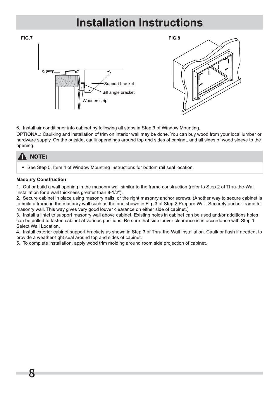 Installation instructions, Note | FRIGIDAIRE FRA186MT2 User Manual | Page 8 / 8