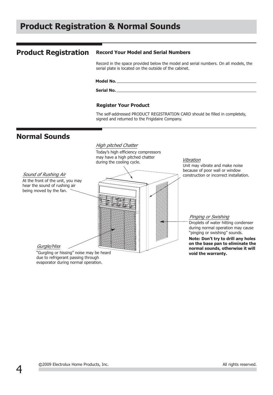 Product registration & normal sounds, Product registration, Normal sounds | FRIGIDAIRE FFRS1022Q1 User Manual | Page 4 / 12