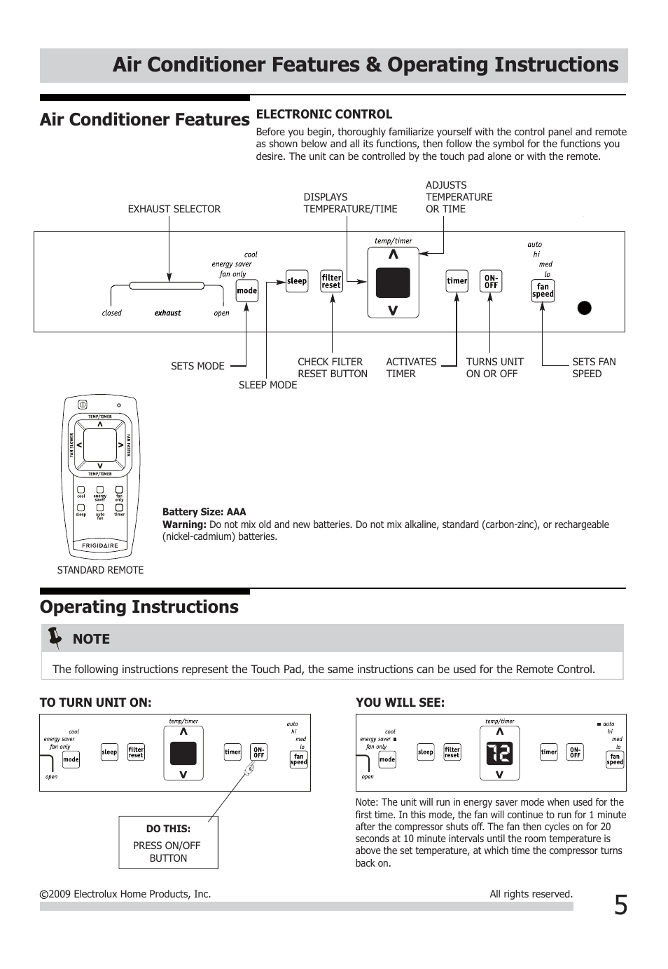 Air conditioner features & operating instructions, Air conditioner features, Operating instructions | FRIGIDAIRE FFRS1022Q1 User Manual | Page 5 / 12