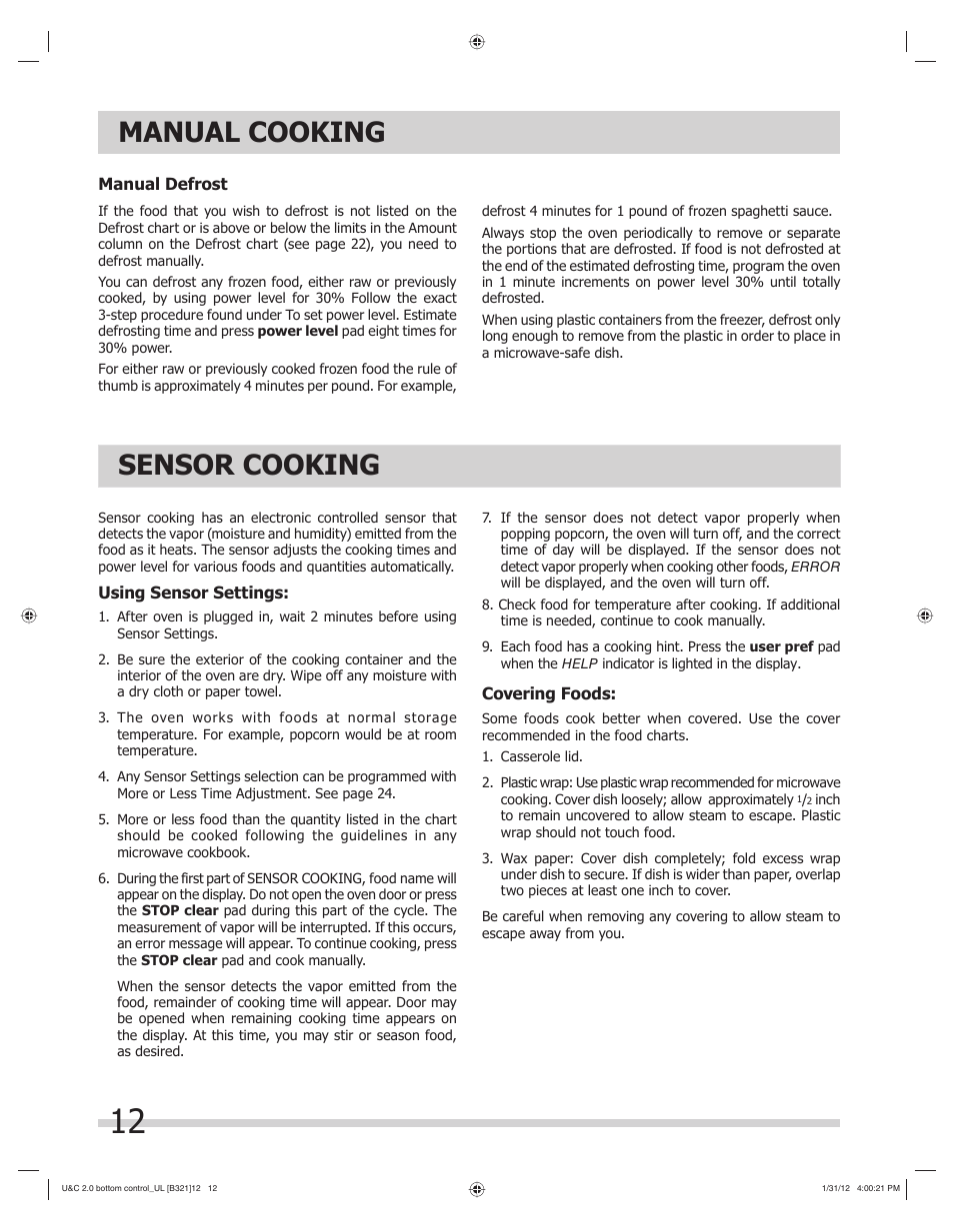 Manual cooking, Sensor cooking | FRIGIDAIRE FGBM205KW User Manual | Page 12 / 30