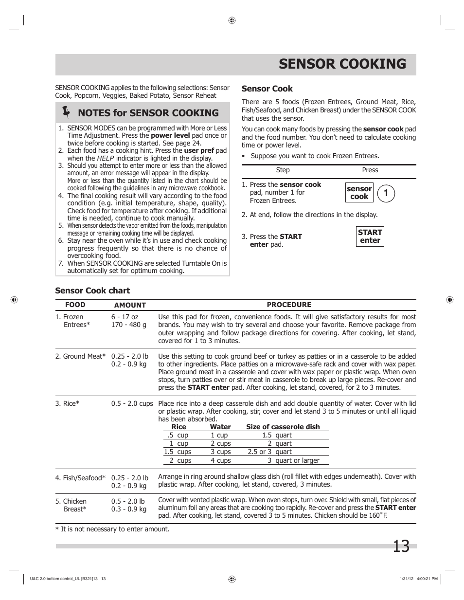 Sensor cooking | FRIGIDAIRE FGBM205KW User Manual | Page 13 / 30