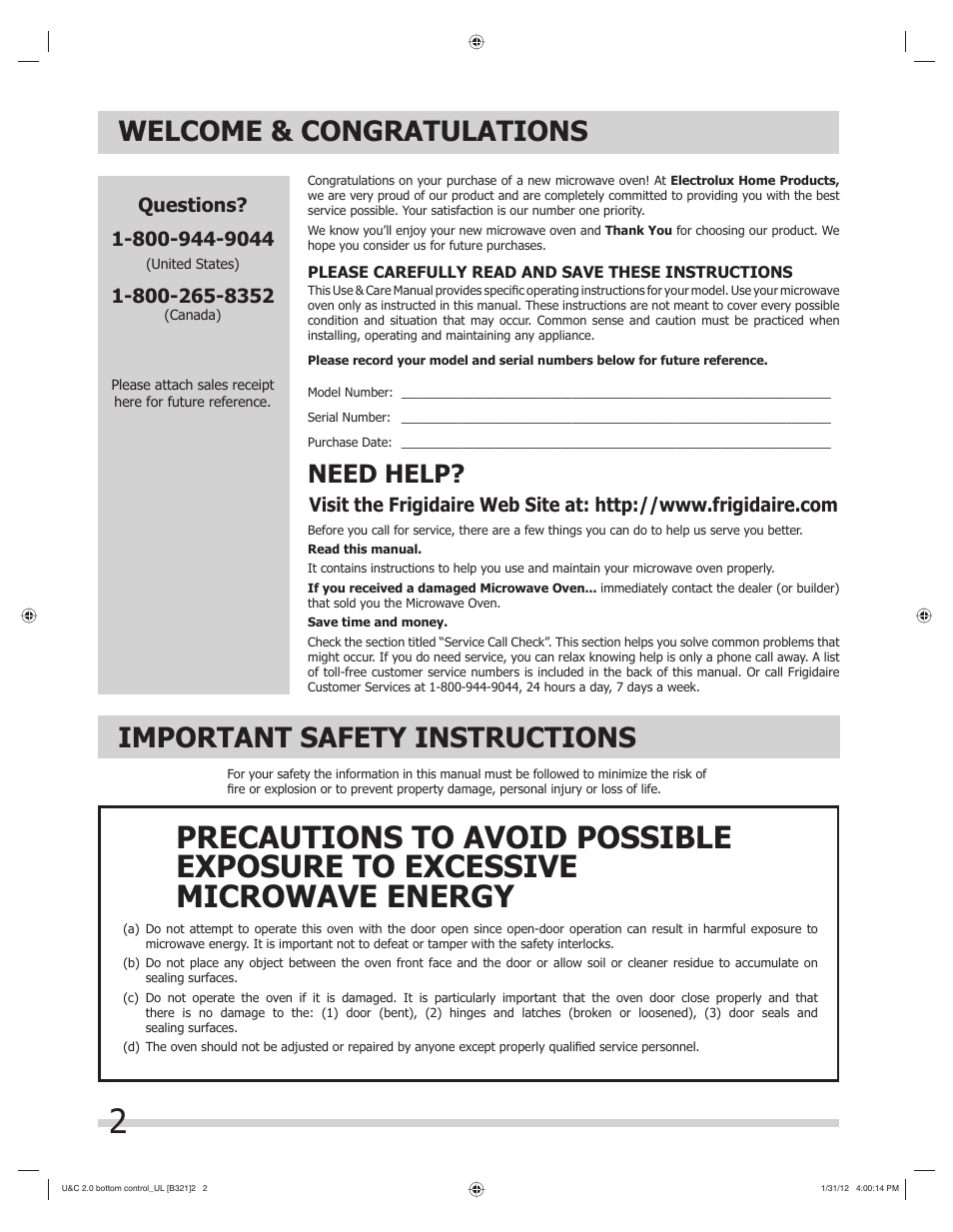 Important safety instructions, Need help | FRIGIDAIRE FGBM205KW User Manual | Page 2 / 30