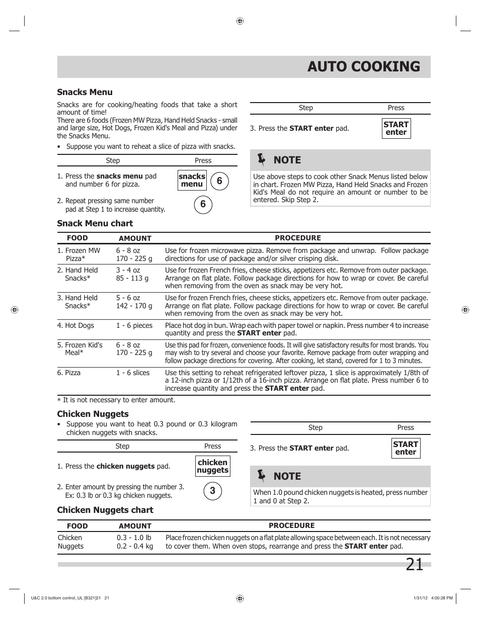 Auto cooking | FRIGIDAIRE FGBM205KW User Manual | Page 21 / 30
