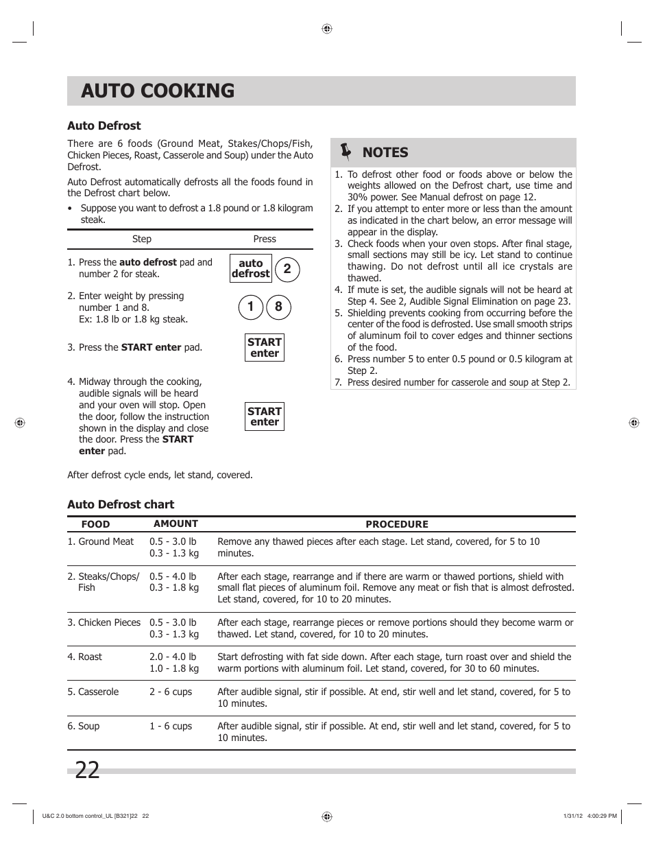 Auto cooking | FRIGIDAIRE FGBM205KW User Manual | Page 22 / 30