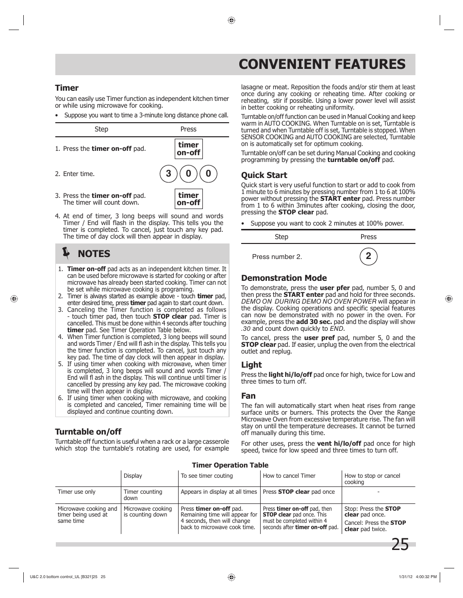 Convenient features | FRIGIDAIRE FGBM205KW User Manual | Page 25 / 30