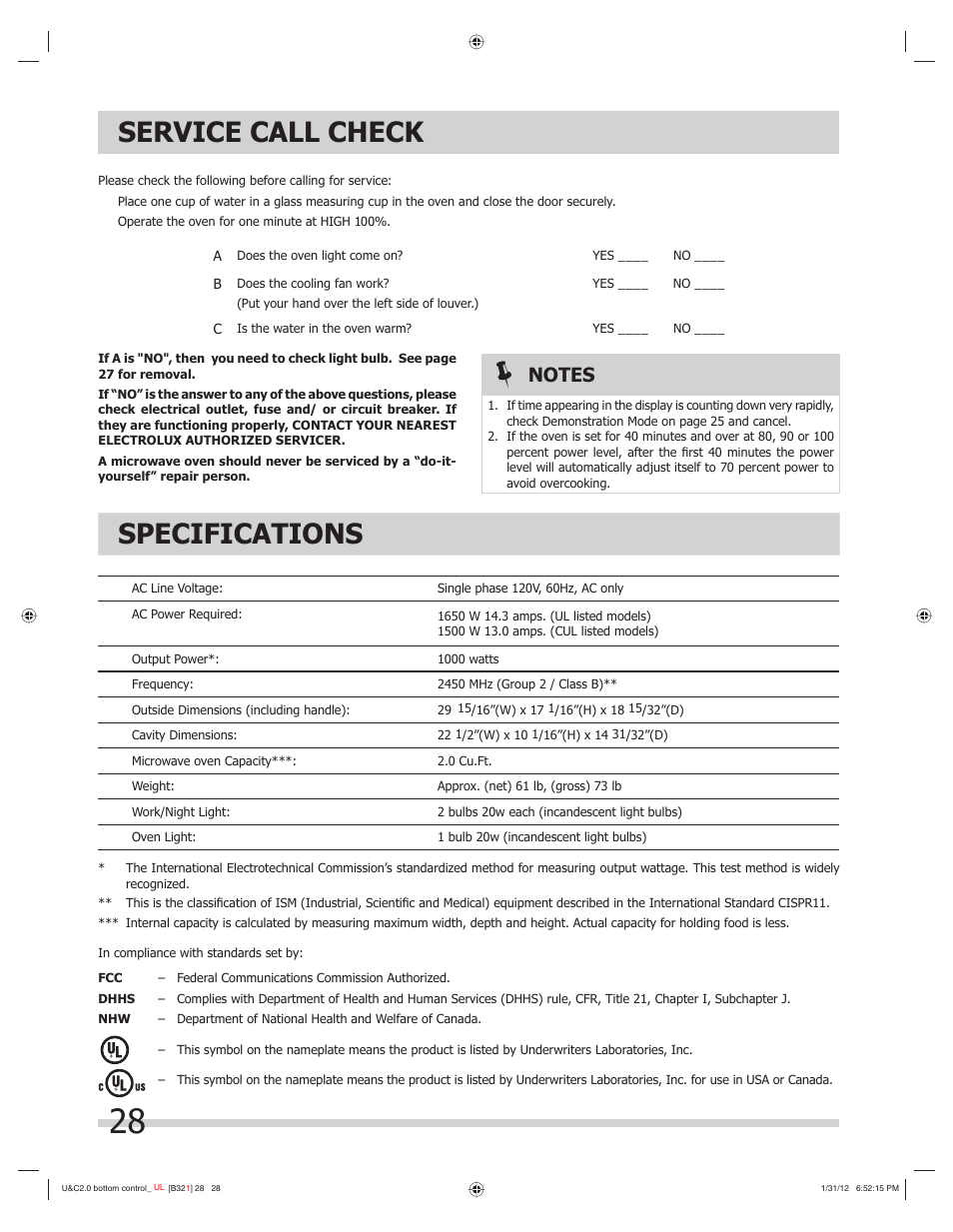 Service call check specifications | FRIGIDAIRE FGBM205KW User Manual | Page 28 / 30