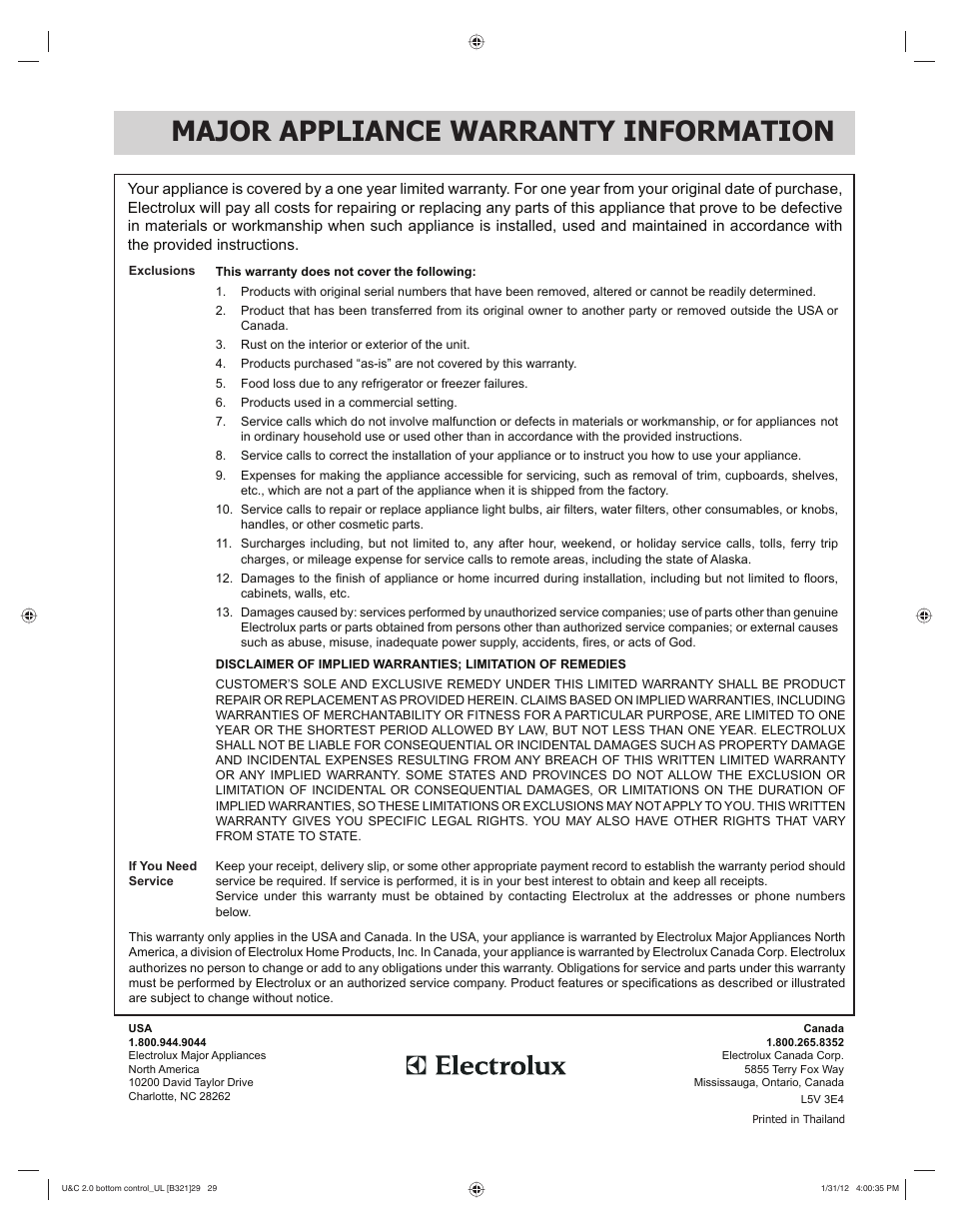 Major appliance warranty information | FRIGIDAIRE FGBM205KW User Manual | Page 29 / 30