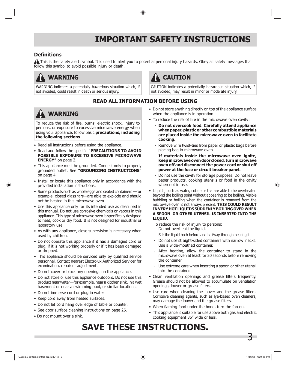 Important safety instructions, Save these instructions, Warning | Caution | FRIGIDAIRE FGBM205KW User Manual | Page 3 / 30