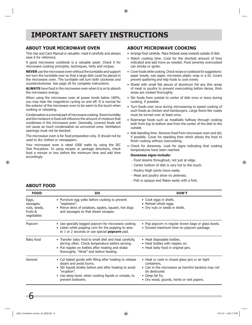 Important safety instructions, About your microwave oven, About microwave cooking | About food | FRIGIDAIRE FGBM205KW User Manual | Page 6 / 30