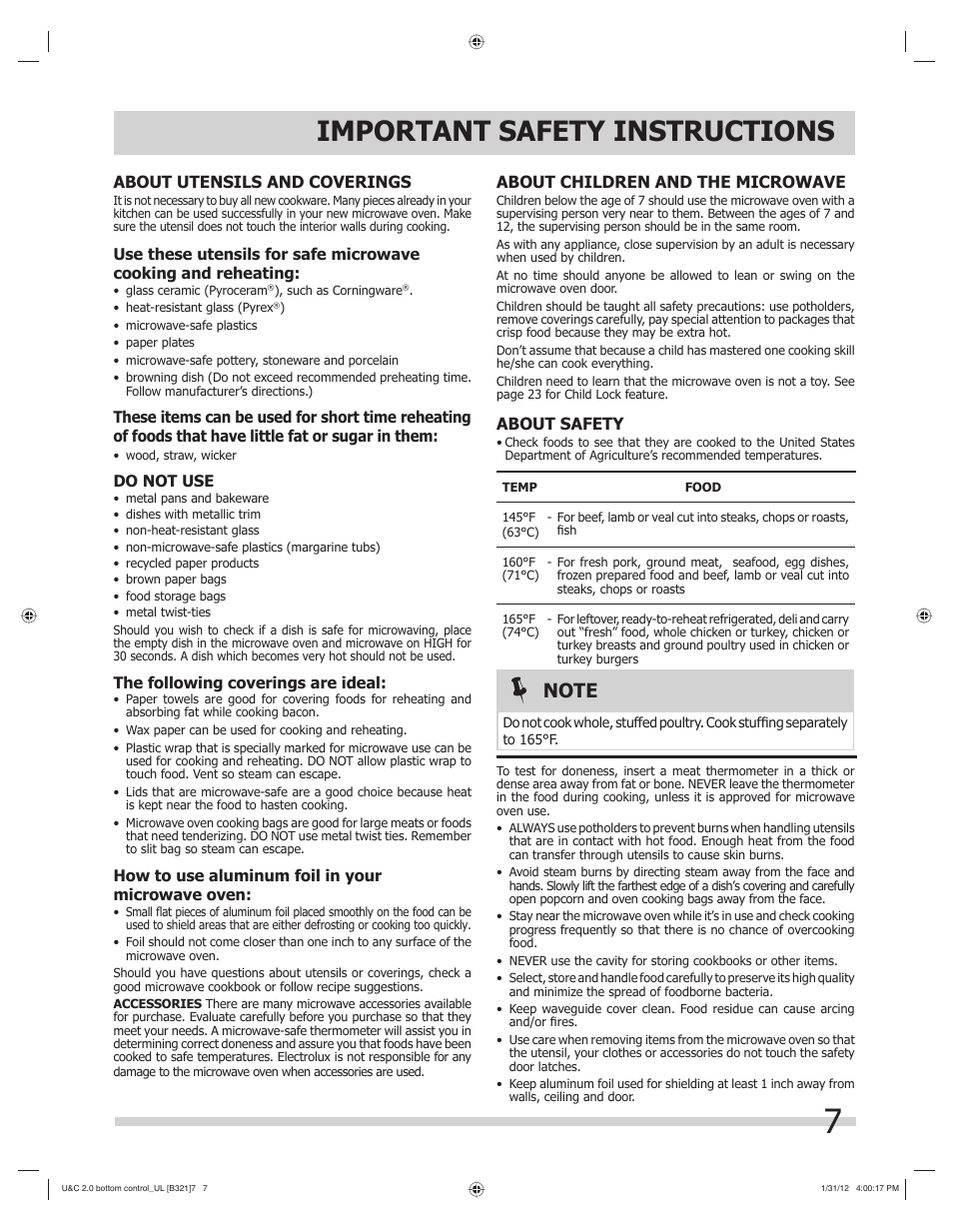 Important safety instructions | FRIGIDAIRE FGBM205KW User Manual | Page 7 / 30