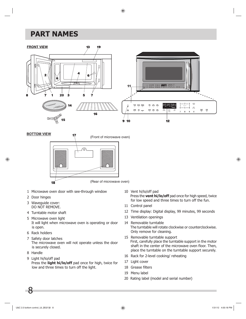 Part names | FRIGIDAIRE FGBM205KW User Manual | Page 8 / 30