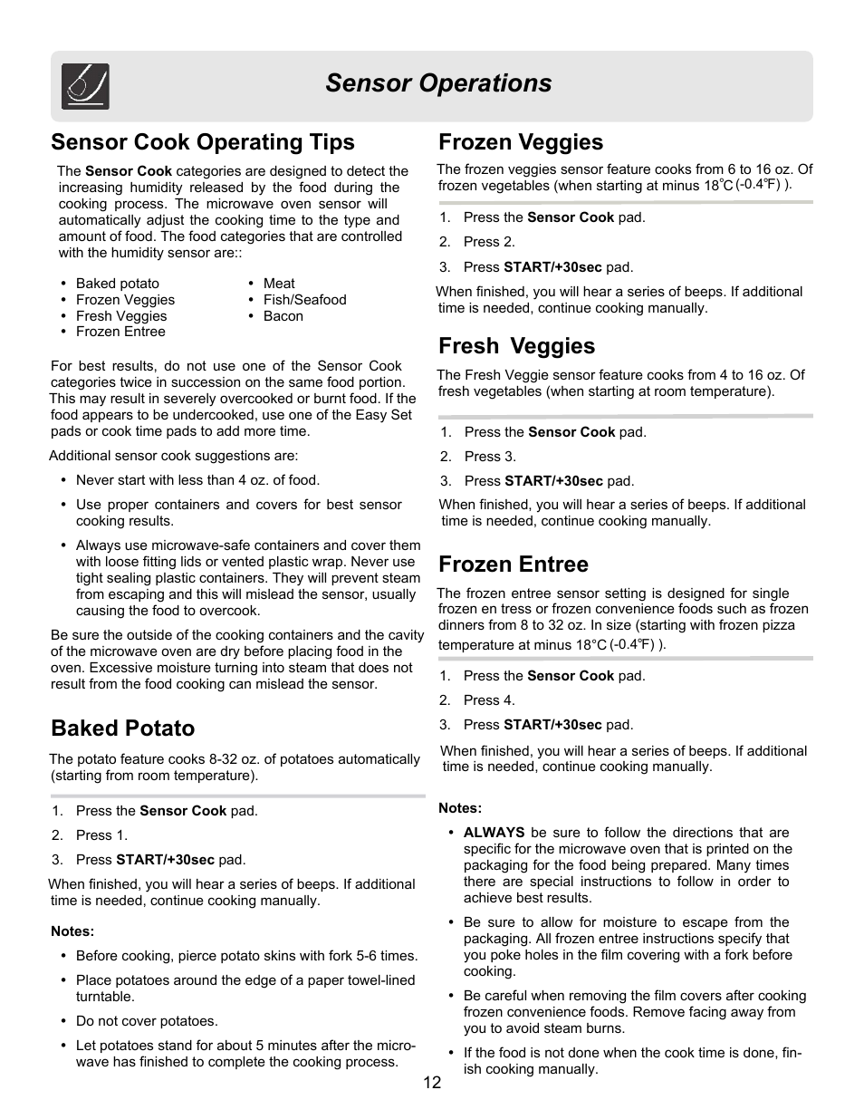 Sensor operations, Sensor cook operating tips, Frozen veggies | Baked potato, Fresh, Frozen entree, Veggies | FRIGIDAIRE FFCE1638LB User Manual | Page 12 / 21