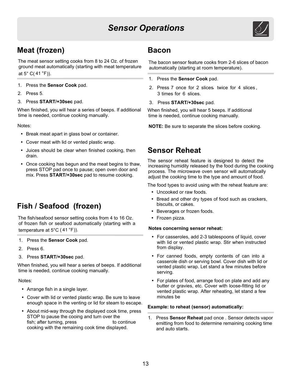 Sensor operations, Meat (frozen), Fish / seafood (frozen) | Bacon, Sensor reheat | FRIGIDAIRE FFCE1638LB User Manual | Page 13 / 21