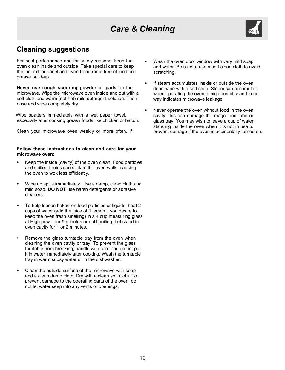 Care & cleaning, Cleaning suggestions | FRIGIDAIRE FFCE1638LB User Manual | Page 19 / 21