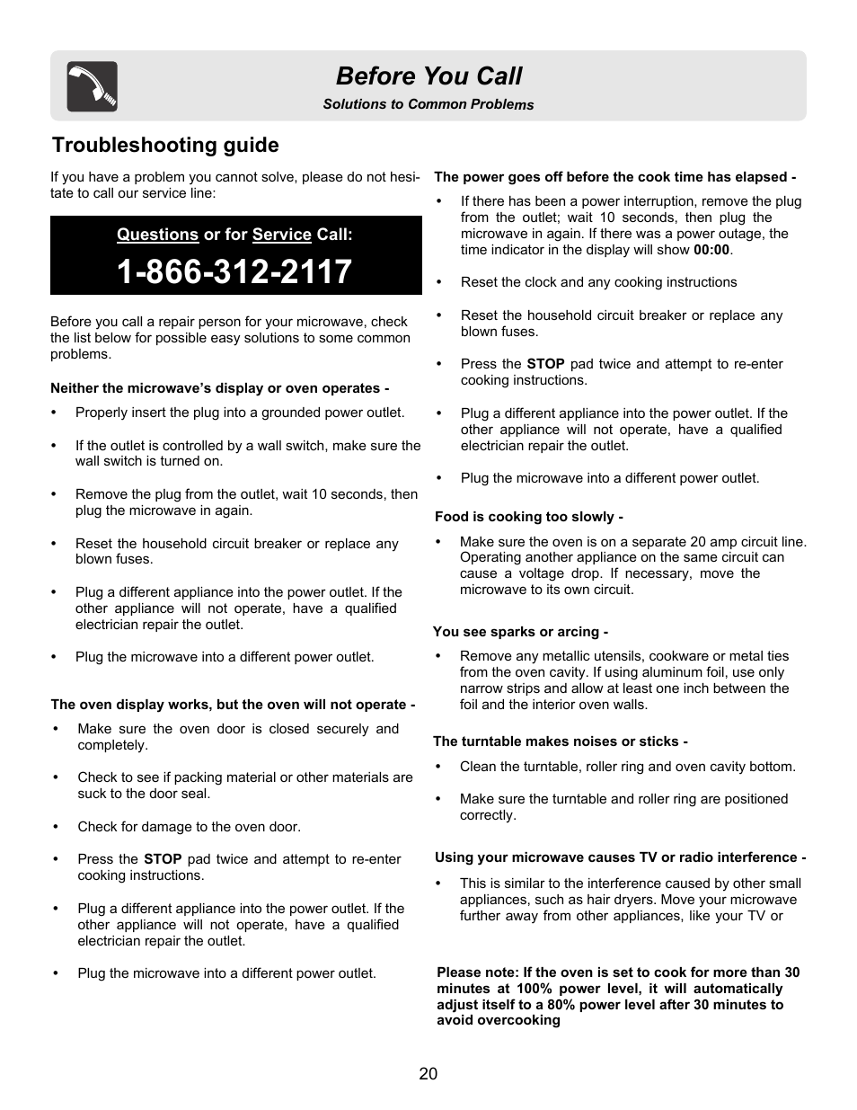 Before you call, Troubleshooting guide | FRIGIDAIRE FFCE1638LB User Manual | Page 20 / 21