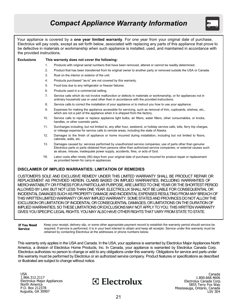Compact appliance warranty information | FRIGIDAIRE FFCE1638LB User Manual | Page 21 / 21