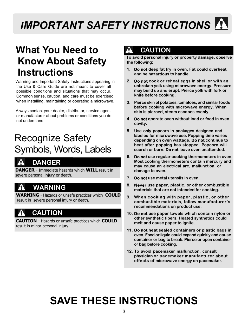 Save these instructions, Important safety instructions, Danger | Warning, Caution | FRIGIDAIRE FFCE1638LB User Manual | Page 3 / 21