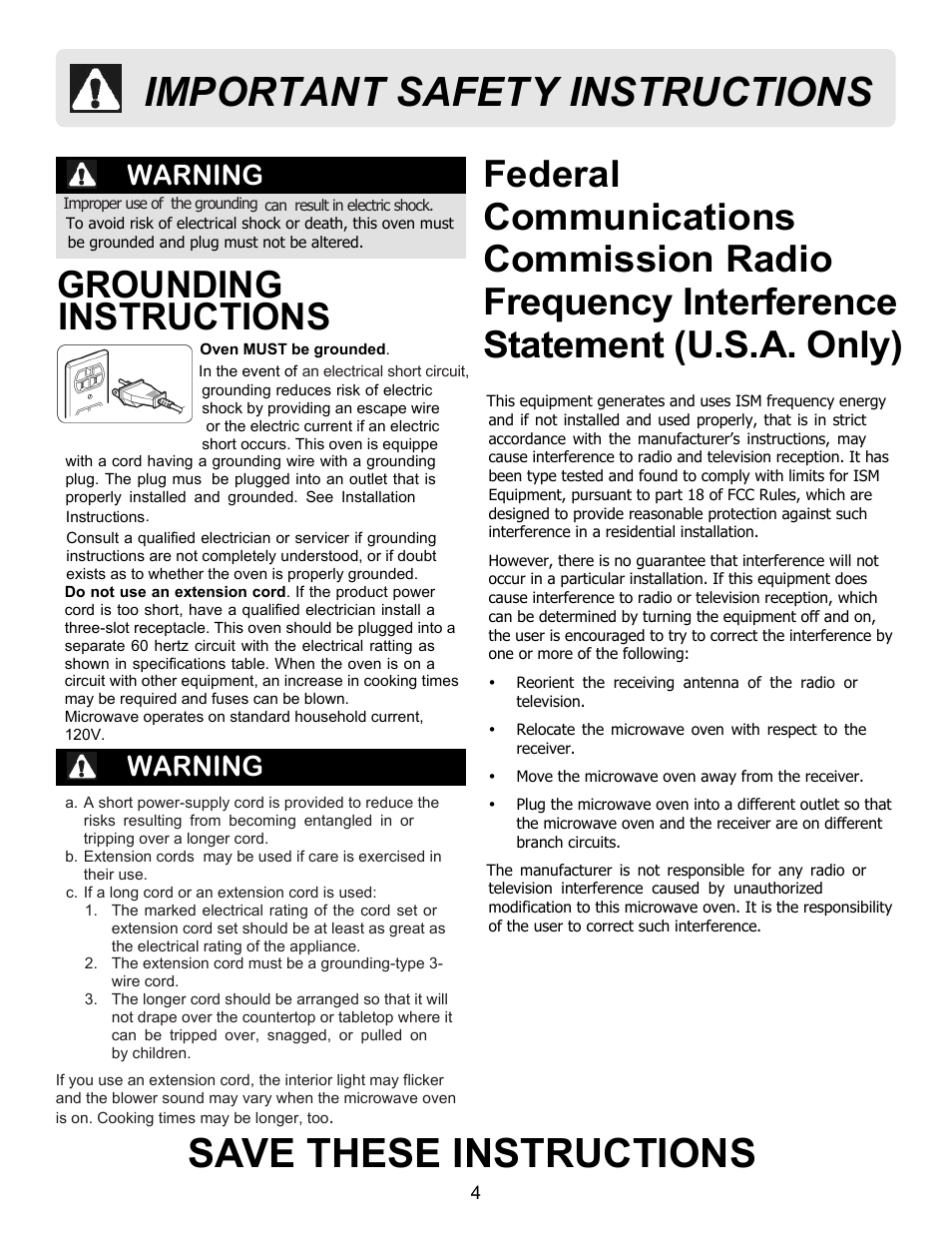 Save these instructions, Important safety instructions, Grounding instructions | Warning | FRIGIDAIRE FFCE1638LB User Manual | Page 4 / 21