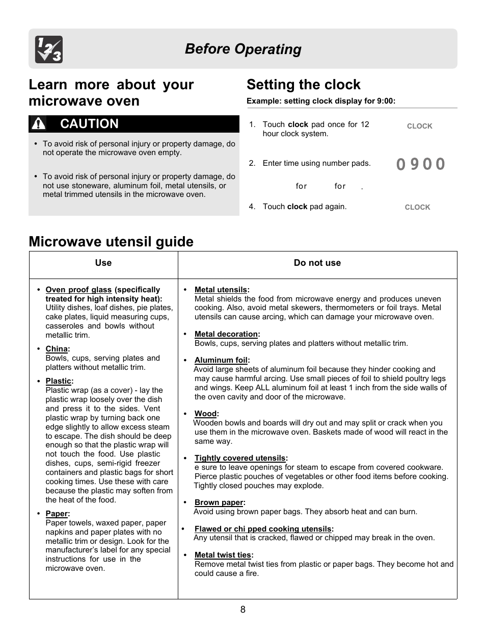 Before operating microwave utensil guide, Setting the clock, Learn more about your microwave oven | Caution | FRIGIDAIRE FFCE1638LB User Manual | Page 8 / 21
