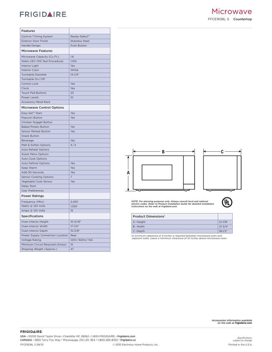 Countertop microwave frigidaire baseline, Microwave, Cb a | FRIGIDAIRE FFCE1638LB User Manual | Page 2 / 2