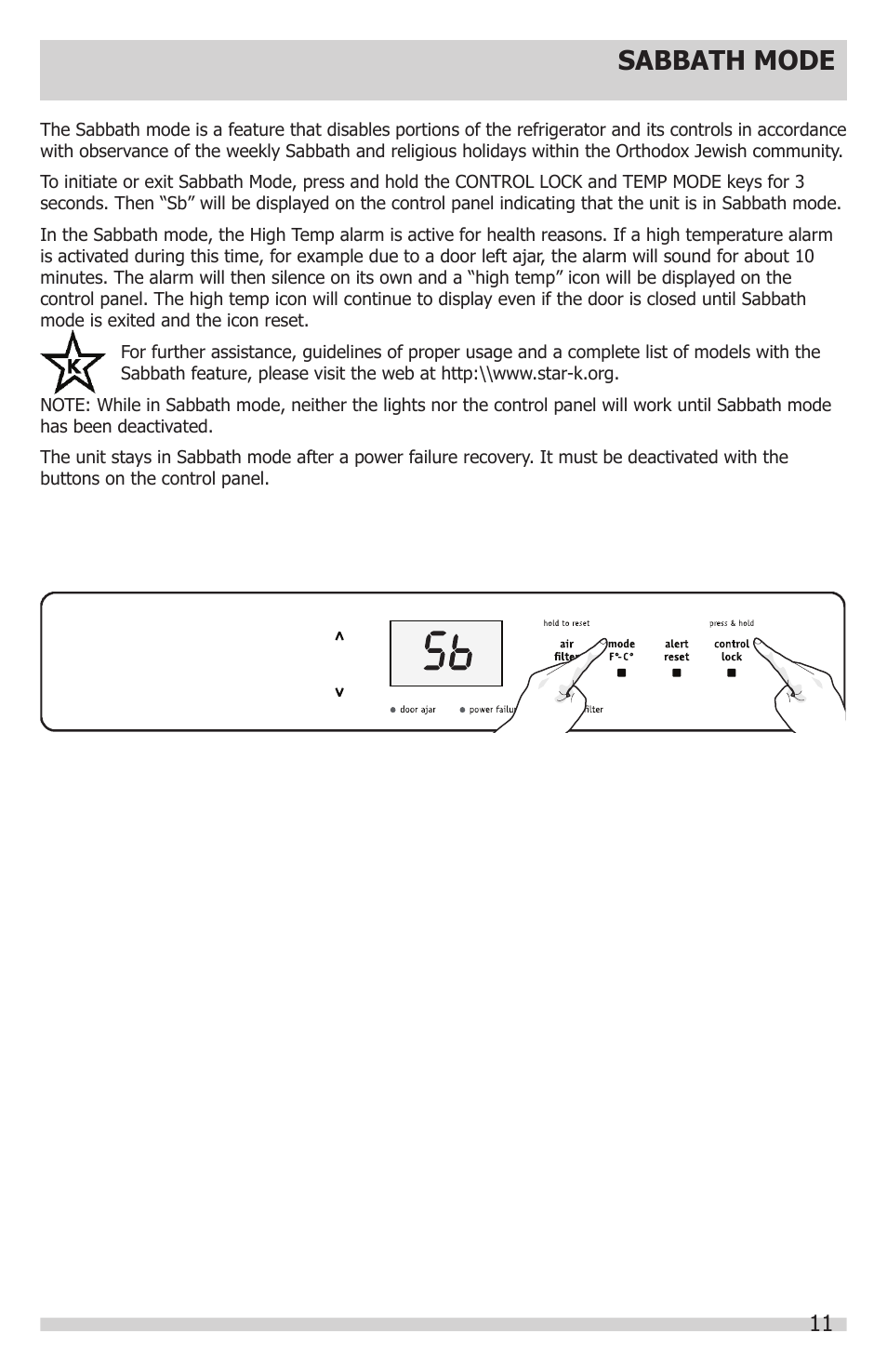 Sabbath mode | FRIGIDAIRE FGRU19F6QF User Manual | Page 11 / 24
