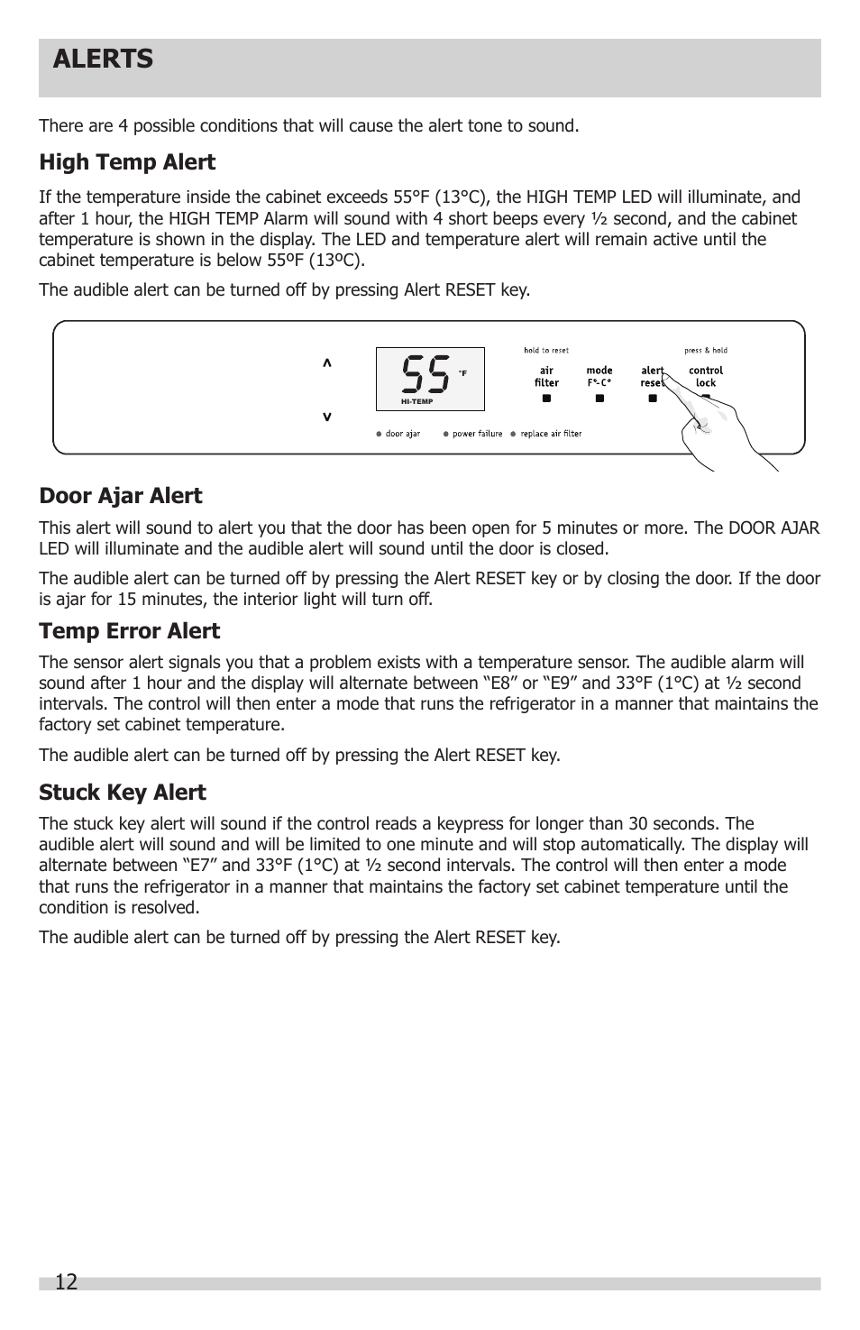 Alerts, High temp alert, Door ajar alert | Temp error alert, Stuck key alert | FRIGIDAIRE FGRU19F6QF User Manual | Page 12 / 24