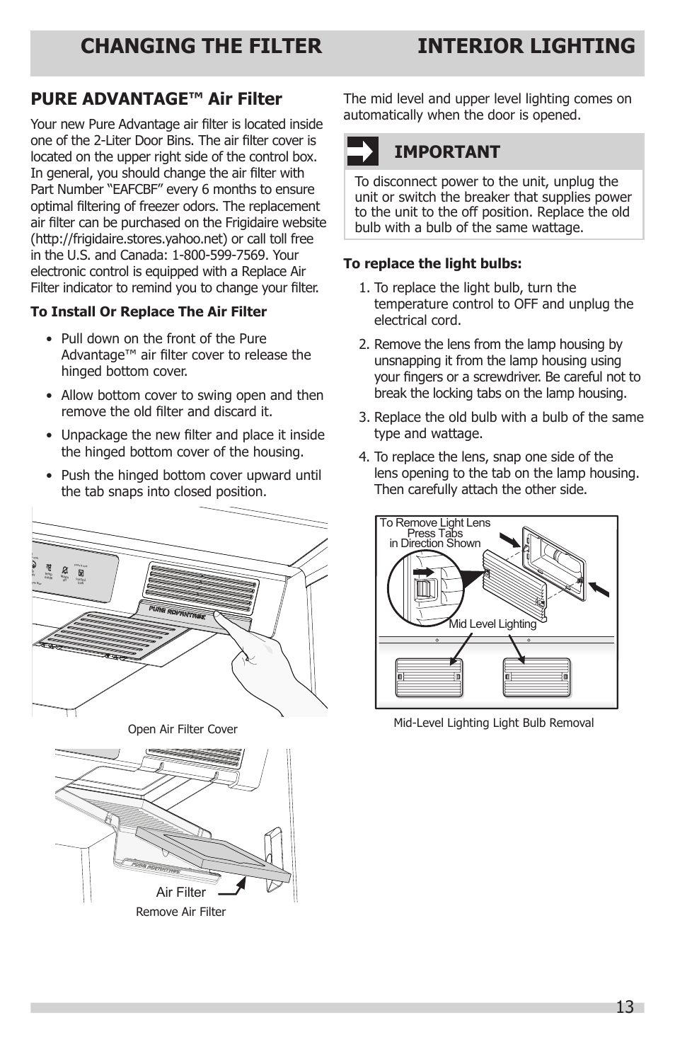 Changing the filter interior lighting, Pure advantage™ air filter, Important | FRIGIDAIRE FGRU19F6QF User Manual | Page 13 / 24