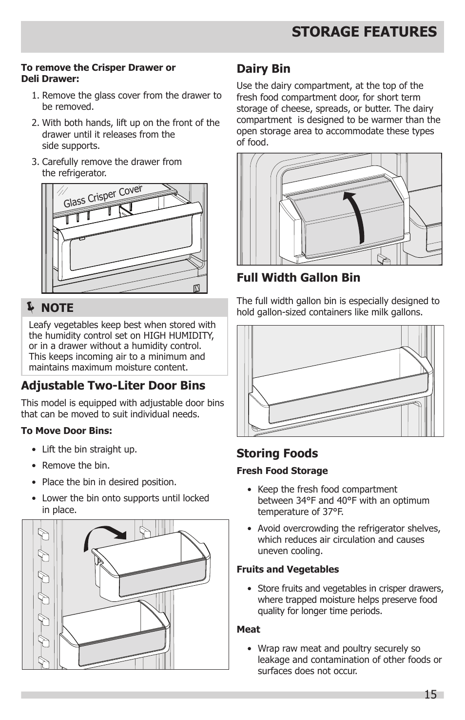 Storage features, Adjustable two-liter door bins, Storing foods | Dairy bin, Full width gallon bin | FRIGIDAIRE FGRU19F6QF User Manual | Page 15 / 24