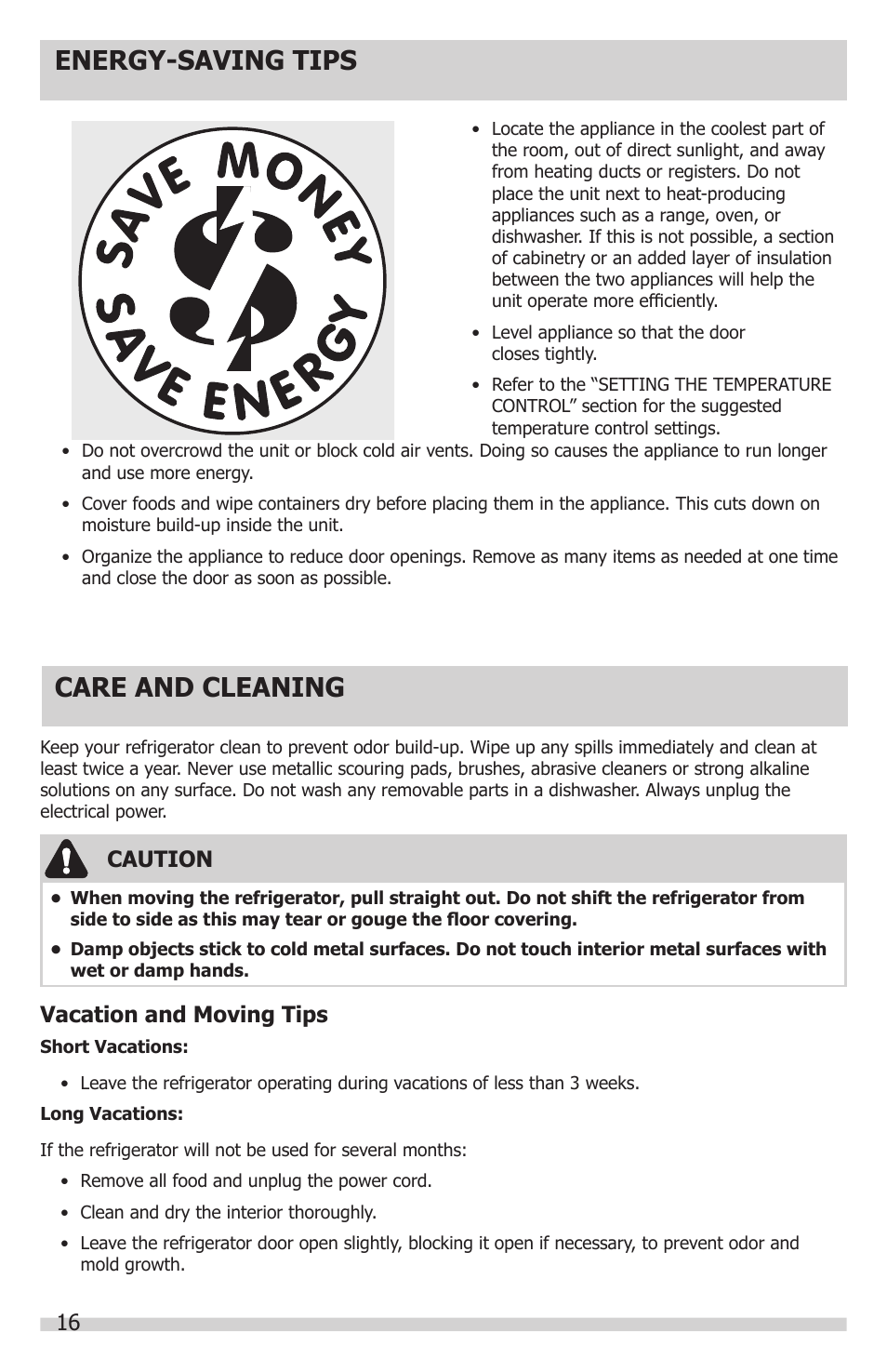 Energy-saving tips, Care and cleaning, Caution | Vacation and moving tips | FRIGIDAIRE FGRU19F6QF User Manual | Page 16 / 24