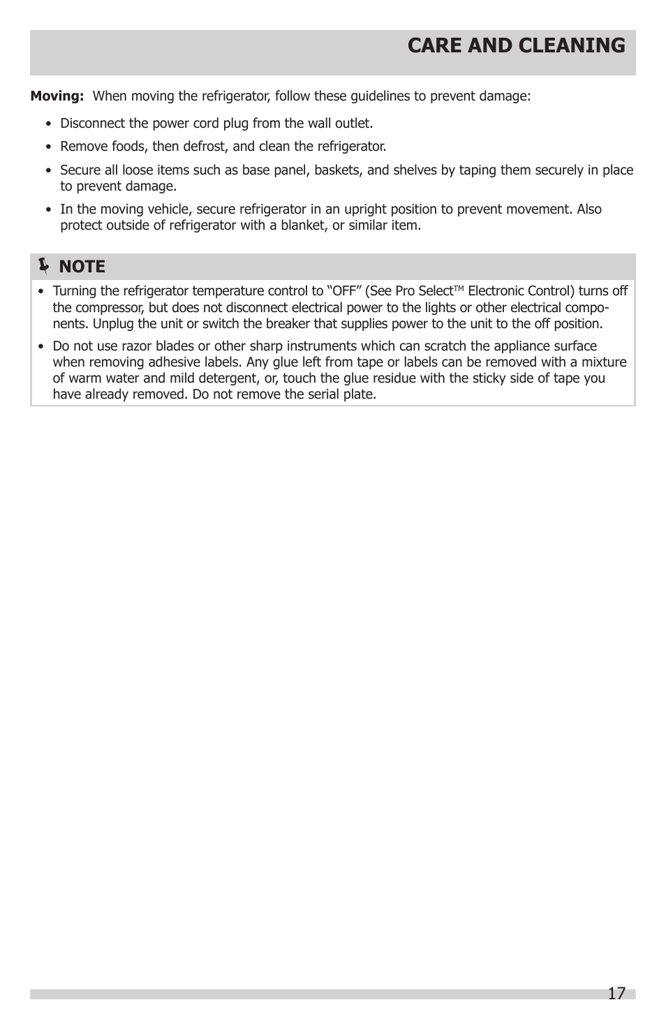 Care and cleaning | FRIGIDAIRE FGRU19F6QF User Manual | Page 17 / 24