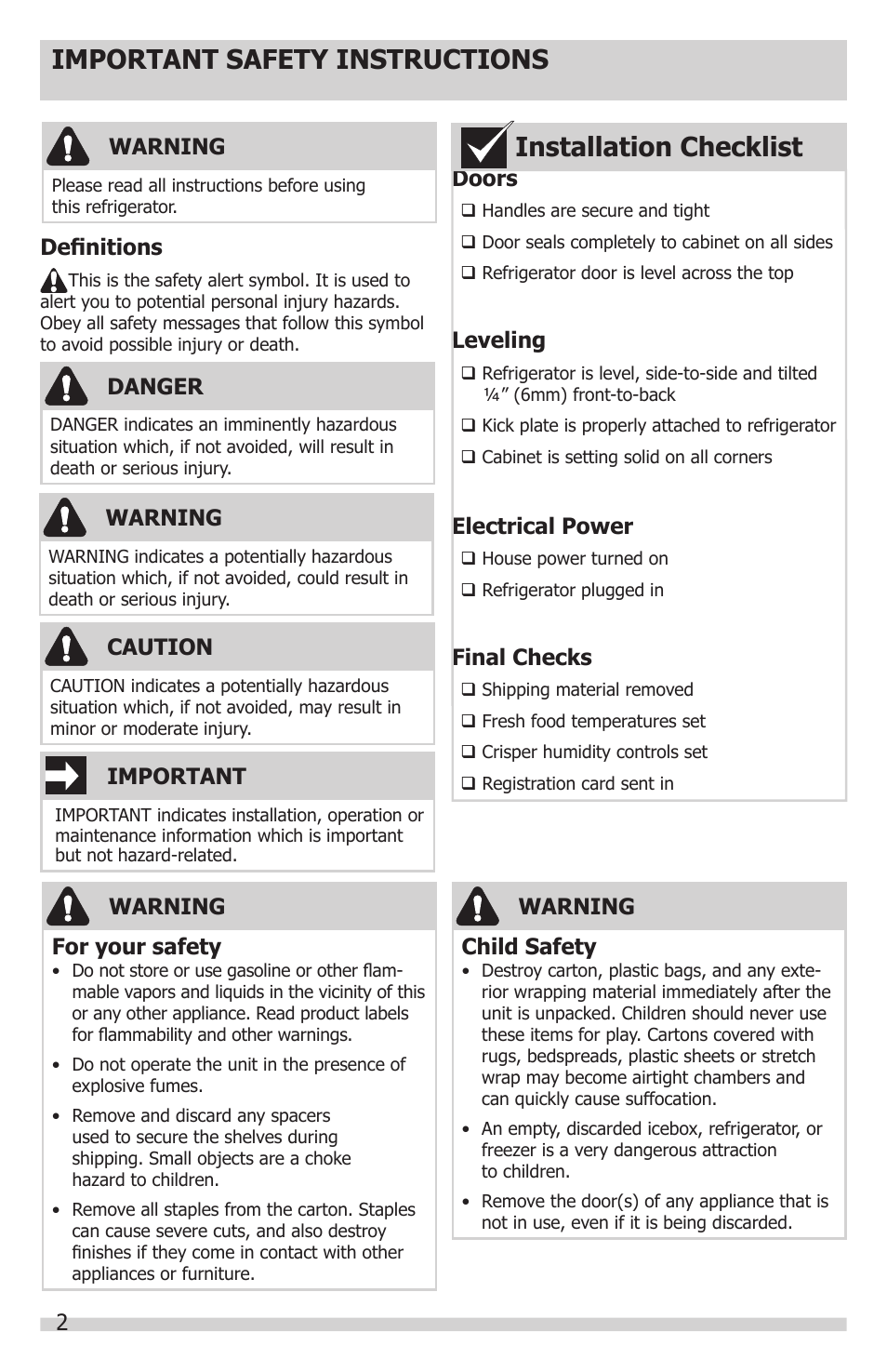 Important safety instructions, Installation checklist | FRIGIDAIRE FGRU19F6QF User Manual | Page 2 / 24