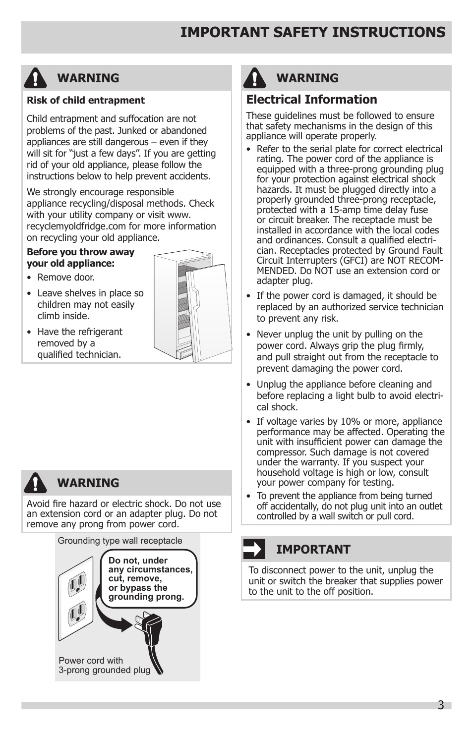 Important safety instructions, 3warning, Important | Warning, Warning electrical information | FRIGIDAIRE FGRU19F6QF User Manual | Page 3 / 24