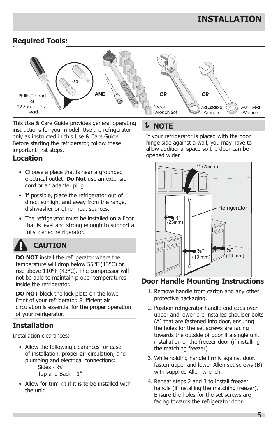 Installation, Required tools, Location | Caution, Door handle mounting instructions | FRIGIDAIRE FGRU19F6QF User Manual | Page 5 / 24