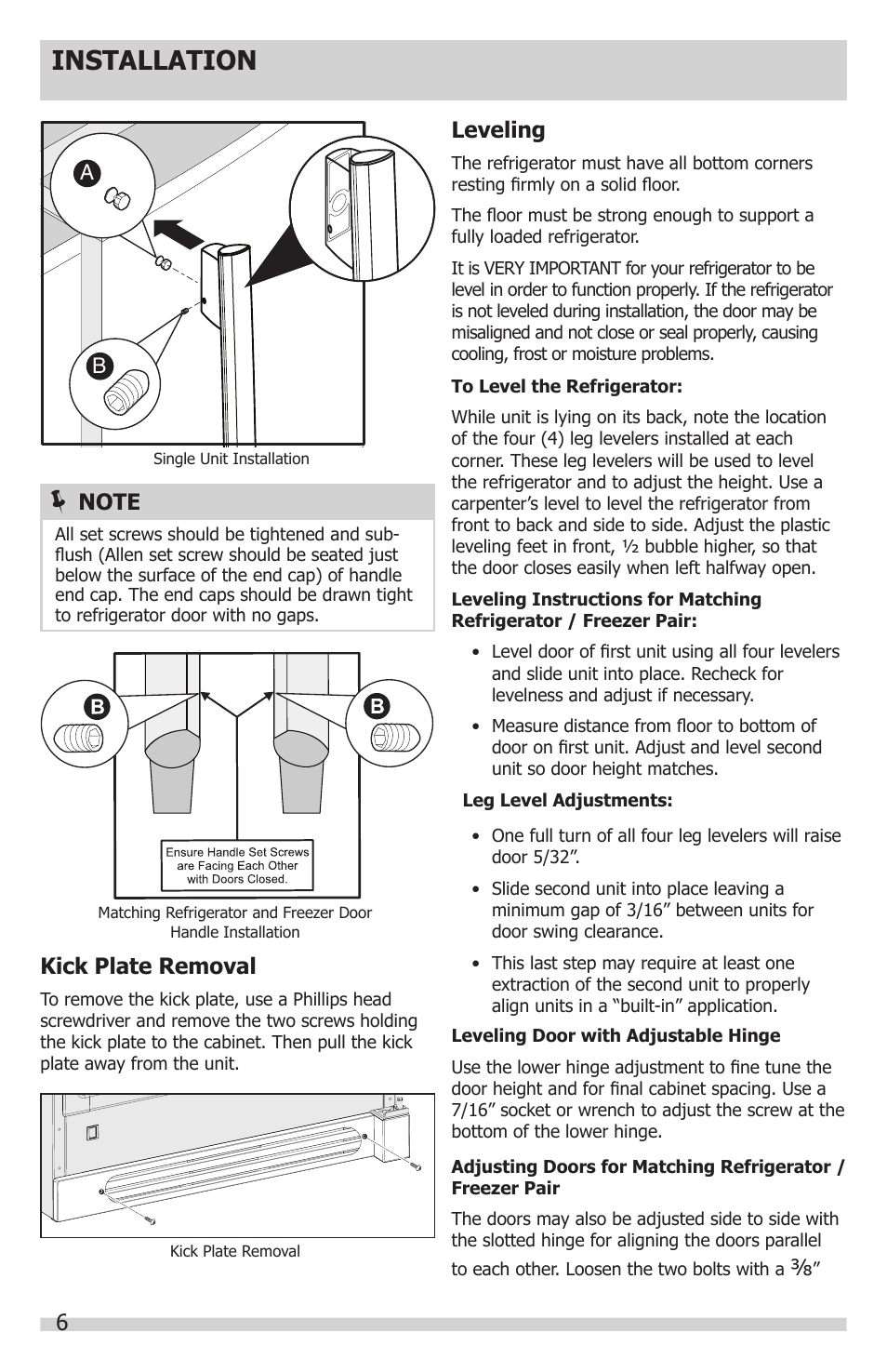 Installation, Kick plate removal, Leveling | FRIGIDAIRE FGRU19F6QF User Manual | Page 6 / 24