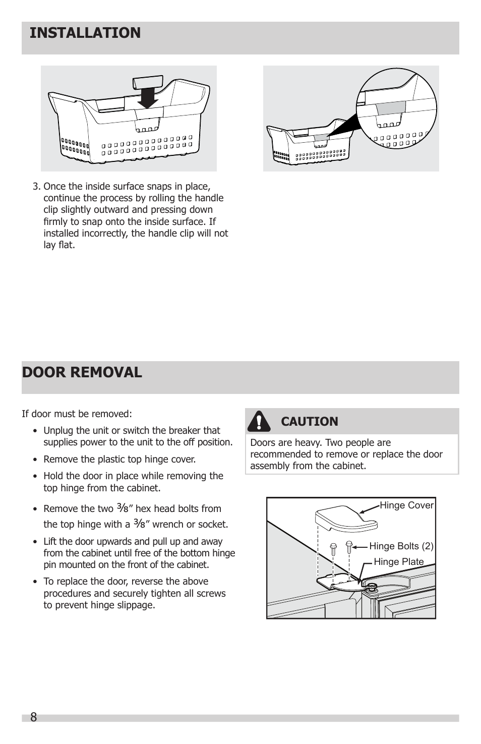 Installation, Door removal, Caution | FRIGIDAIRE FGRU19F6QF User Manual | Page 8 / 24