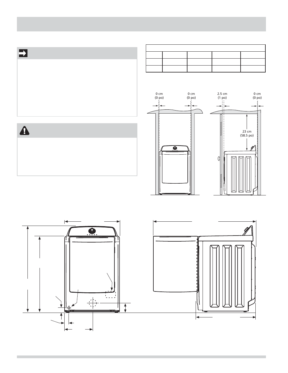 Exigences d’installation, Important, Avertissement | Exigences de dégagement, Dimensions de sécheuse | FRIGIDAIRE FARG4044MW User Manual | Page 30 / 60
