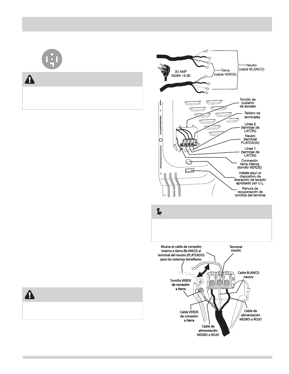 Instrucciones de instalación, Advertencia, Nota | Conexión eléctrica (fuera de canadá): tetrafi lar, Receptáculo tetrafi lar (tipo nema 14-30r) | FRIGIDAIRE FARG4044MW User Manual | Page 55 / 60