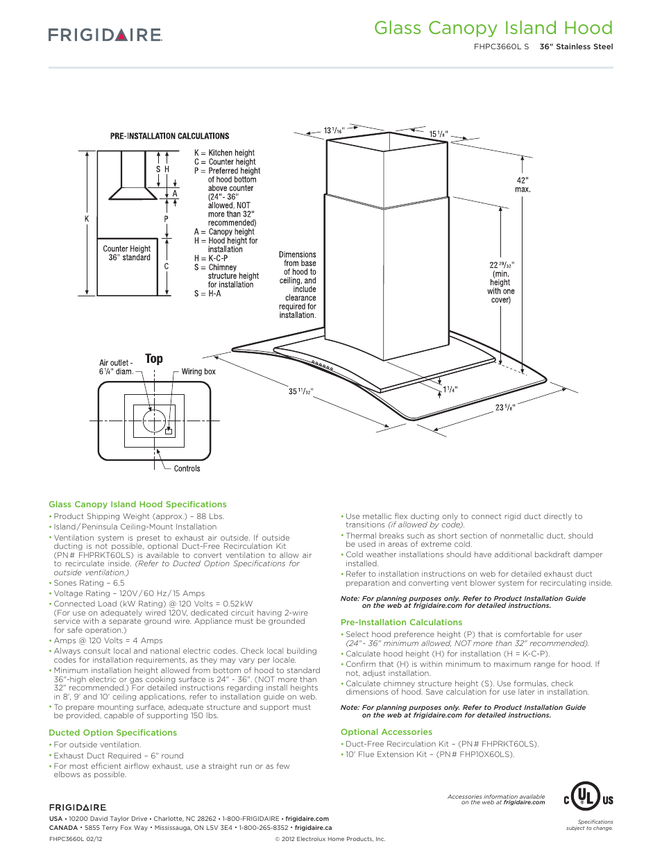 I/p vent hood fhpc3660ls, Glass canopy island hood | FRIGIDAIRE FHPC3660LS User Manual | Page 2 / 5